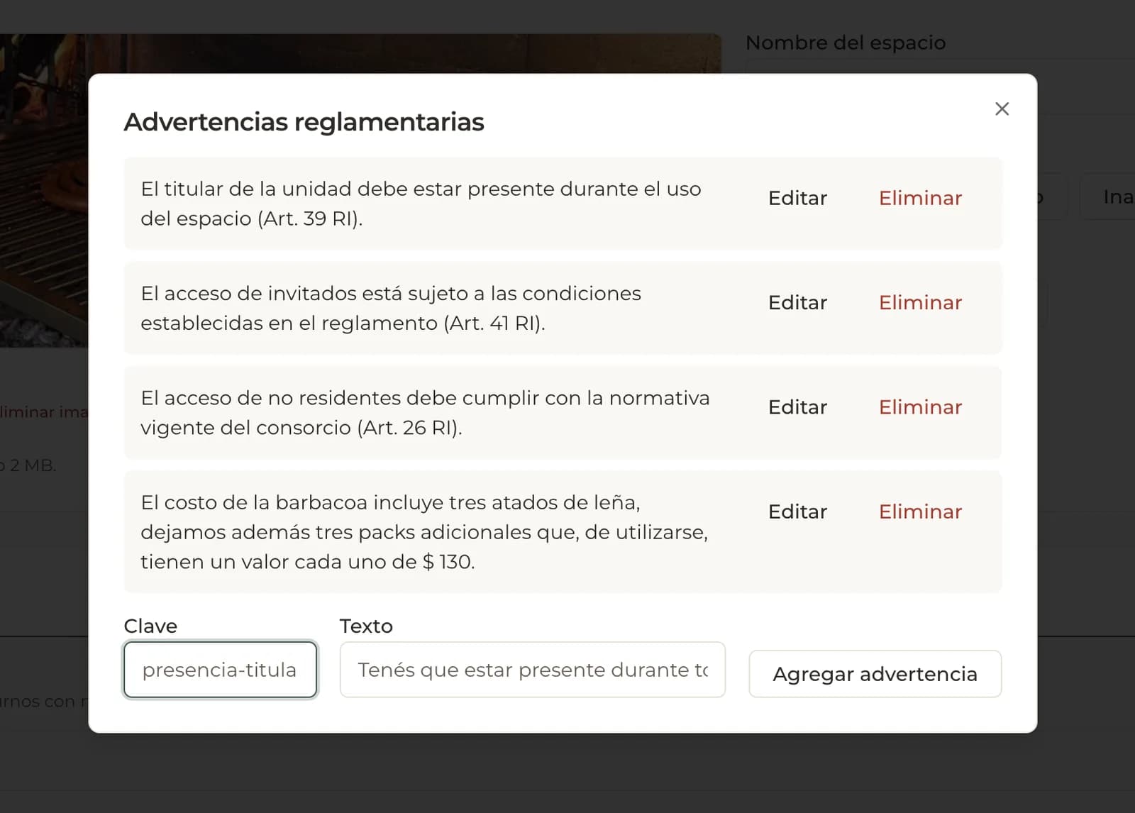 Ventana de advertencias reglamentarias de un espacio, con el texto de cada advertencia y opciones para editarla o eliminarla.