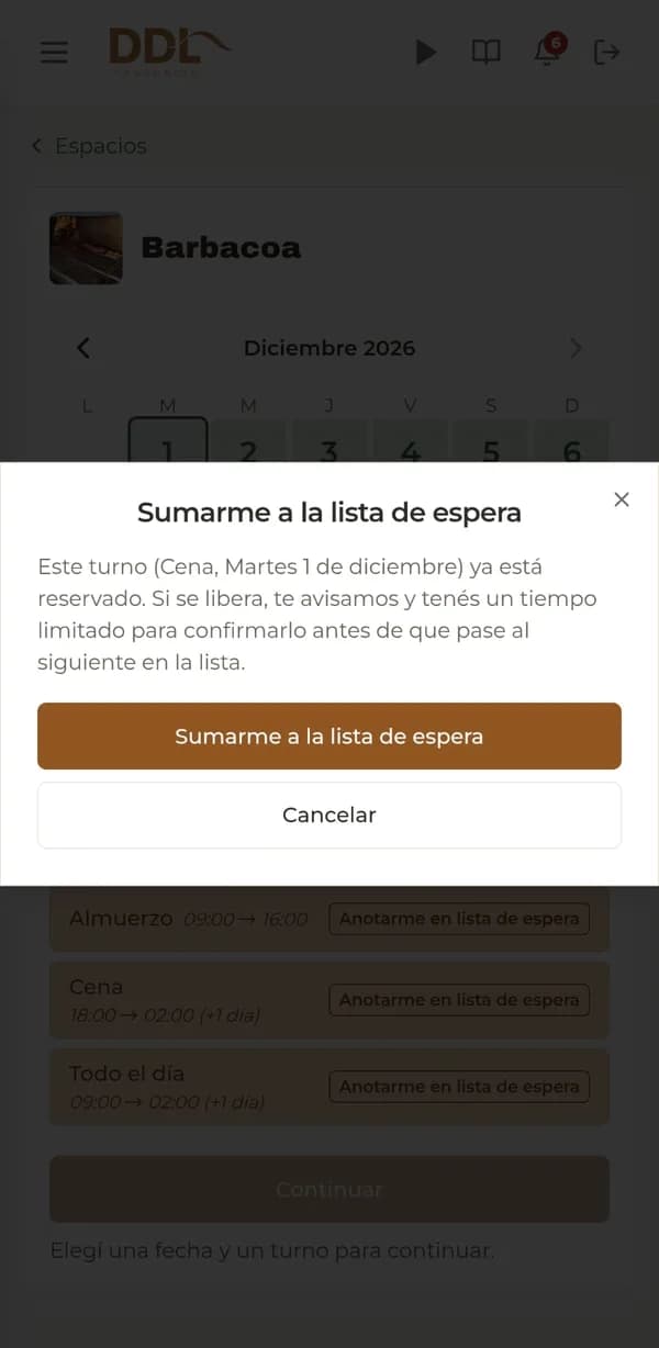 Ventana para sumarse a la lista de espera de un turno ya reservado, con los botones para anotarse o cancelar.