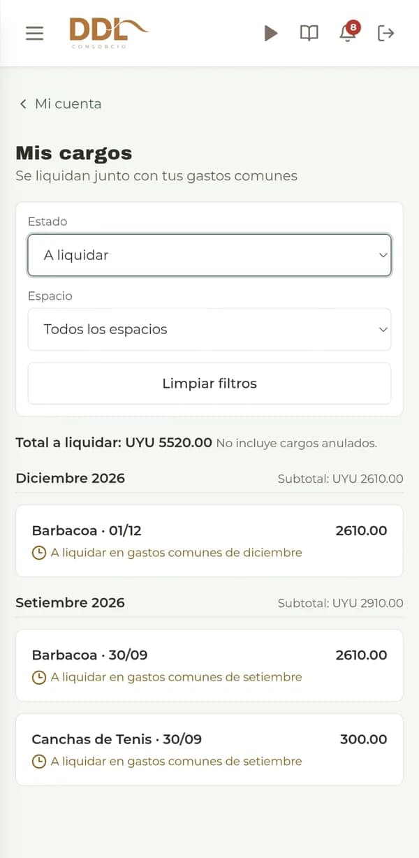 Pantalla Mis cargos con el total a liquidar y el detalle de cada reserva agrupado por mes.